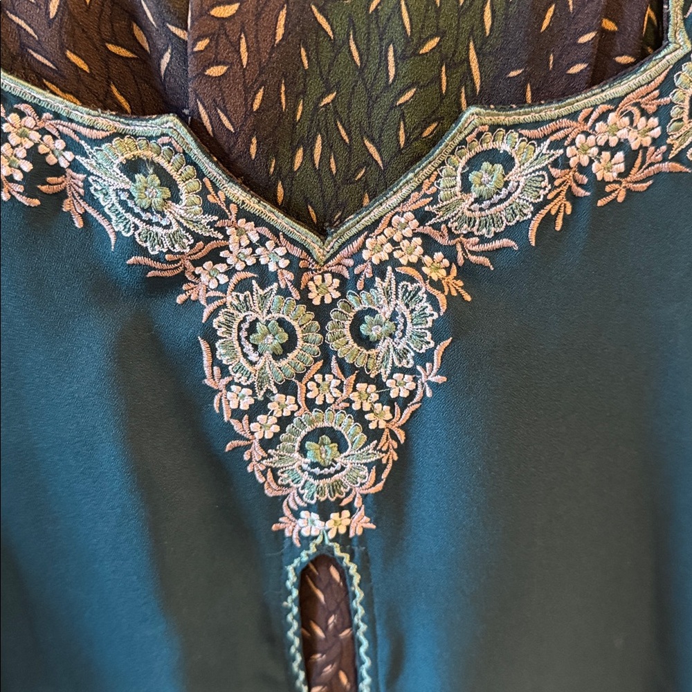 Teal Embroidered Pumjabi with cream and brown accents. - Picture 3 of 7